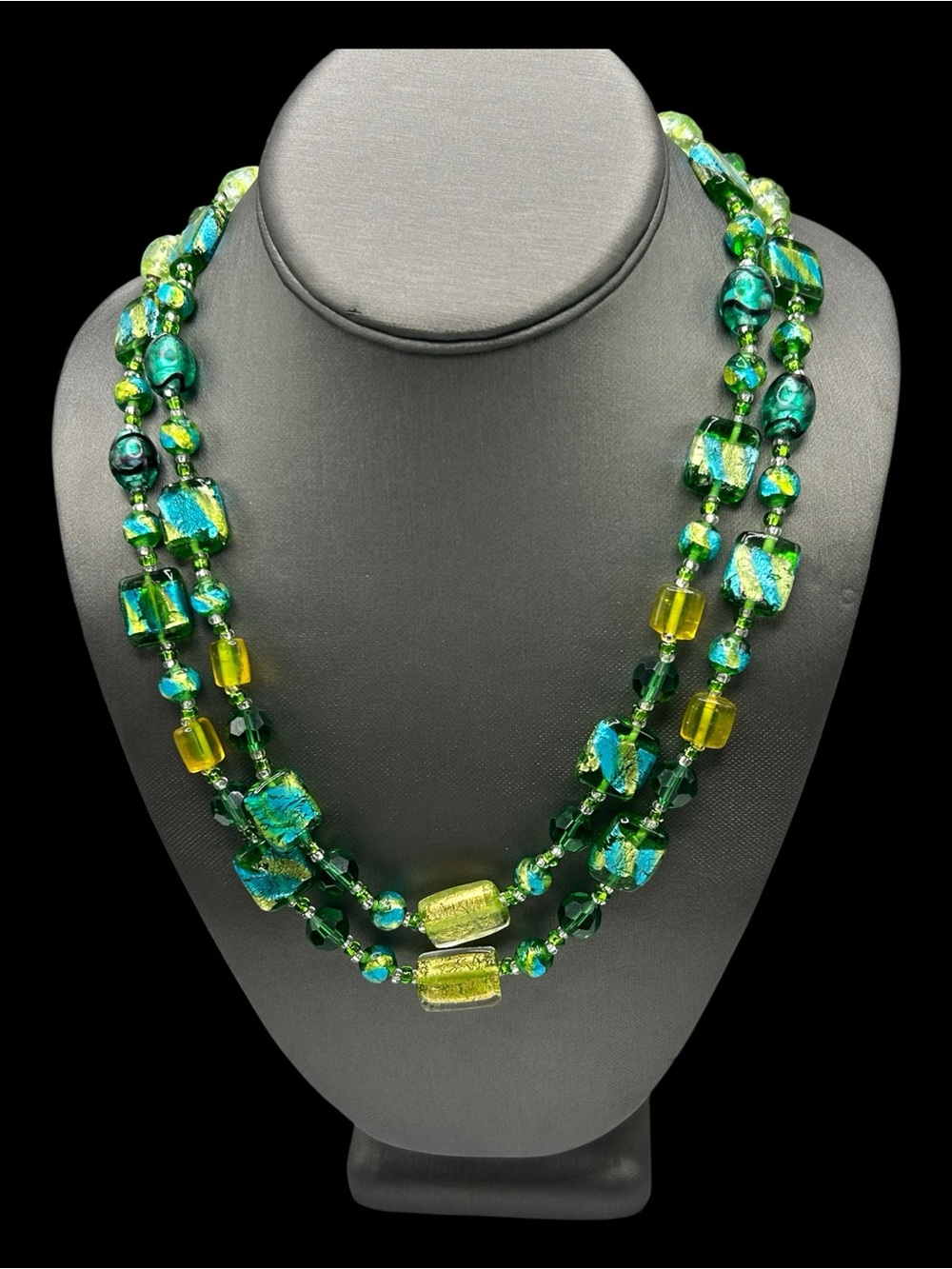 Amazing Vintage Green Foil Glass Long Double Strand Adjustable Necklace